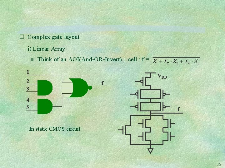 q Complex gate layout i) Linear Array n Think of an AOI(And-OR-Invert) 1 cell
