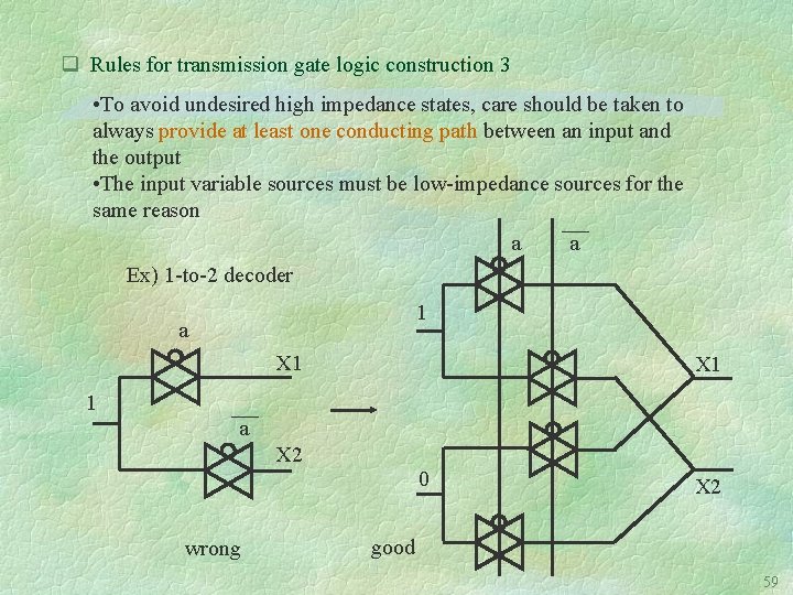 q Rules for transmission gate logic construction 3 • To avoid undesired high impedance