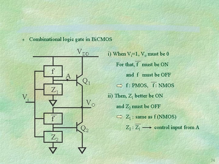 l Combinational logic gate in Bi. CMOS VDD f Vi Z 1 For that,