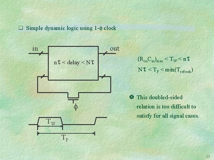 q Simple dynamic logic using 1 - clock in out n < delay <