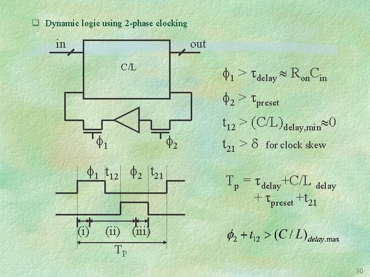 q Dynamic logic using 2 -phase clocking in out C/L 1 > delay Ron.