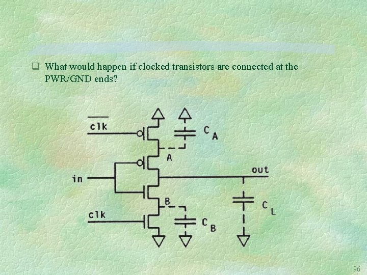 q What would happen if clocked transistors are connected at the PWR/GND ends? 96