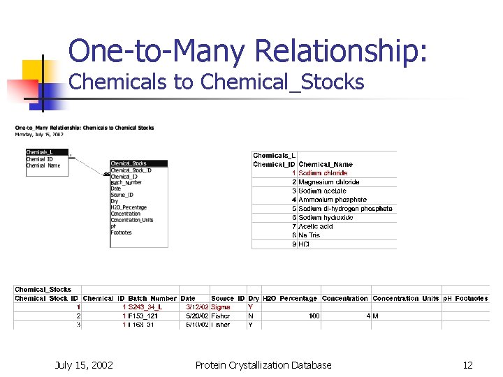 One-to-Many Relationship: Chemicals to Chemical_Stocks July 15, 2002 Protein Crystallization Database 12 
