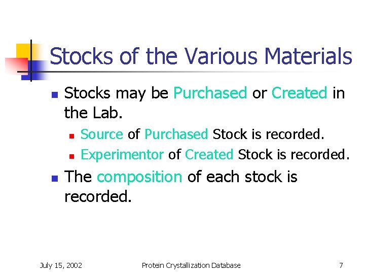 Stocks of the Various Materials n Stocks may be Purchased or Created in the