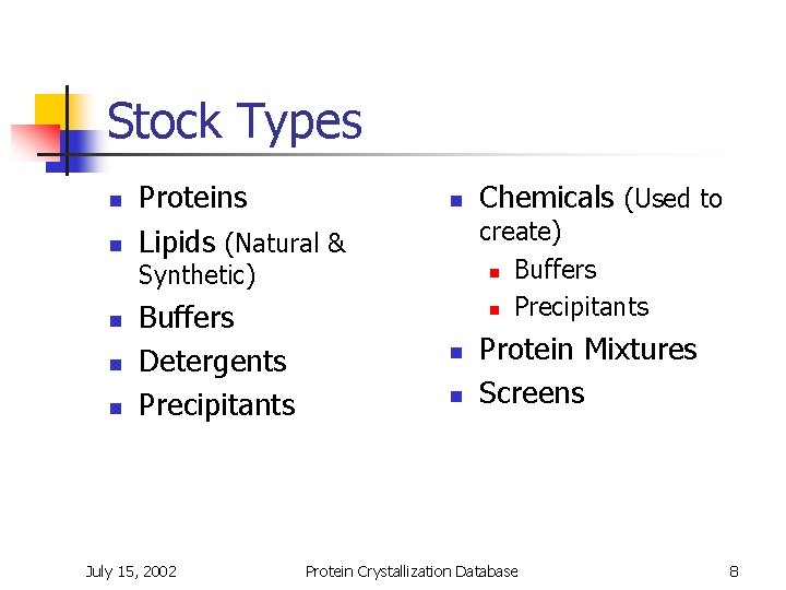 Stock Types n n Proteins Lipids (Natural & n create) n Buffers n Precipitants