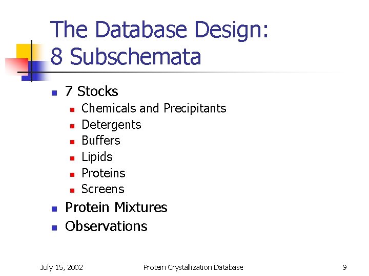 The Database Design: 8 Subschemata n 7 Stocks n n n n Chemicals and