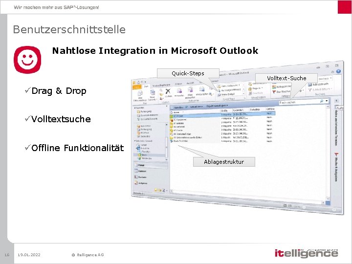 Benutzerschnittstelle Nahtlose Integration in Microsoft Outlook Quick-Steps üDrag & Drop üVolltextsuche üOffline Funktionalität Ablagestruktur
