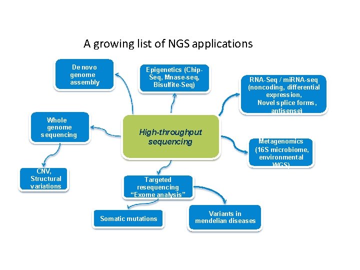 A growing list of NGS applications De novo genome assembly Whole genome sequencing CNV, A growing list of NGS applications De novo genome assembly Whole genome sequencing CNV,