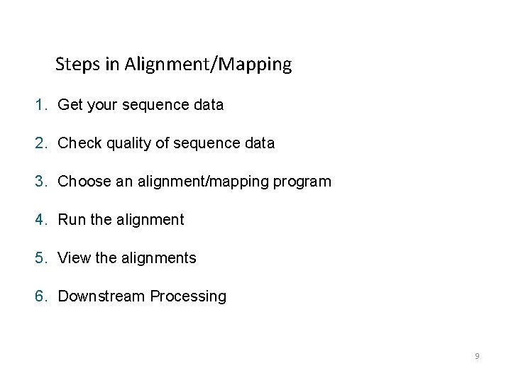 Steps in Alignment/Mapping 1. Get your sequence data 2. Check quality of sequence data Steps in Alignment/Mapping 1. Get your sequence data 2. Check quality of sequence data