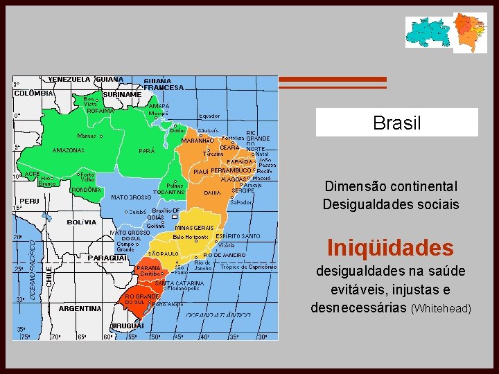 Brasil Dimensão continental Desigualdades sociais Iniqüidades desigualdades na saúde evitáveis, injustas e desnecessárias (Whitehead)