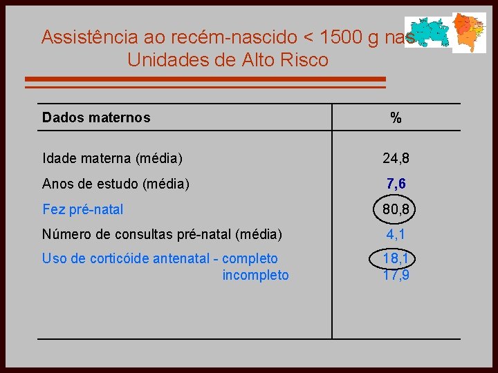 Assistência ao recém-nascido < 1500 g nas Unidades de Alto Risco Dados maternos %