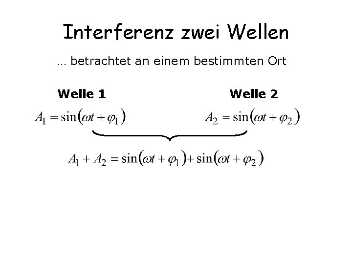 Interferenz zwei Wellen … betrachtet an einem bestimmten Ort Welle 1 Welle 2 
