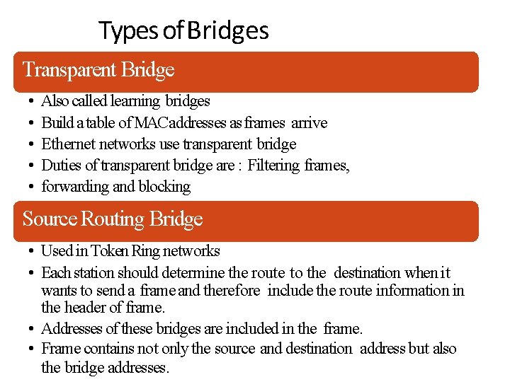 Types of Bridges Transparent Bridge • • • Also called learning bridges Build a