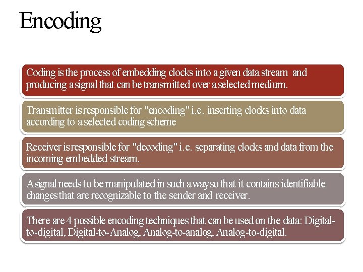 Encoding Coding is the process of embedding clocks into a given data stream and