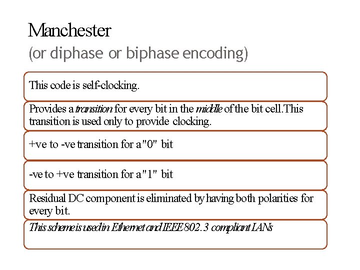 Manchester (or diphase or biphase encoding) This code is self-clocking. Provides a transition for