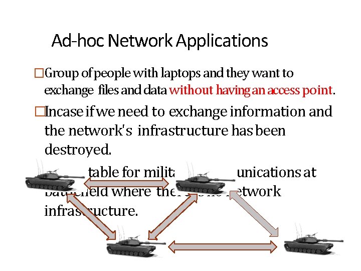 Ad-hoc Network Applications �Group of people with laptops and they want to exchange files