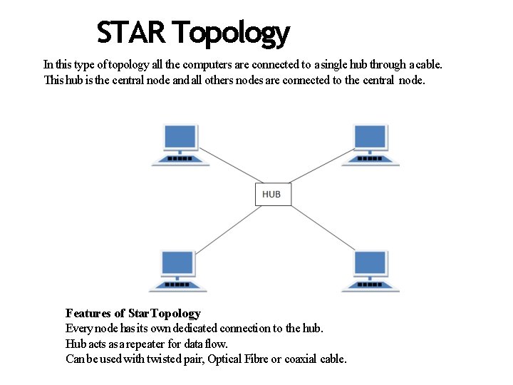 STAR Topology In this type of topology all the computers are connected to a