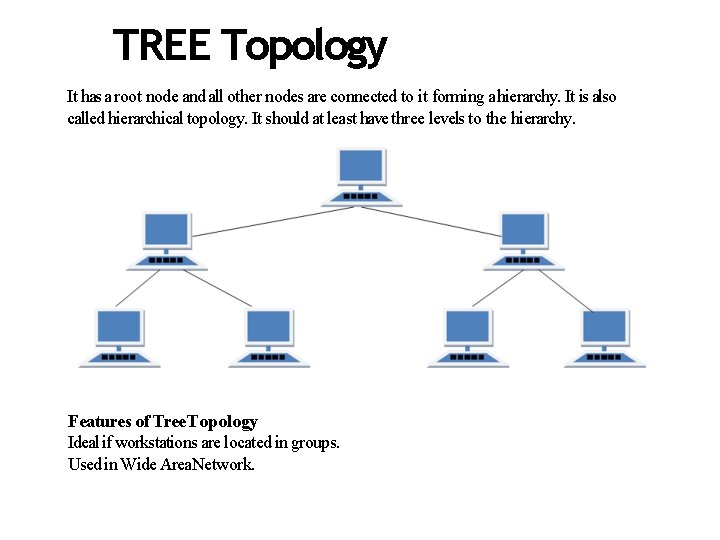 TREE Topology It has a root node and all other nodes are connected to