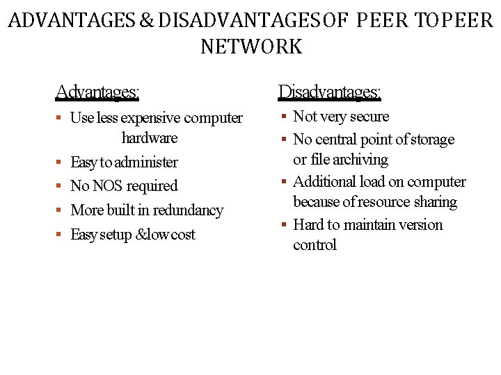 ADVANTAGES & DISADVANTAGES OF PEER TO PEER NETWORK Advantages: Disadvantages: Use less expensive computer
