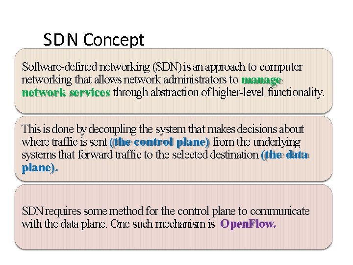 SDN Concept Software-defined networking (SDN) is an approach to computer networking that allows network
