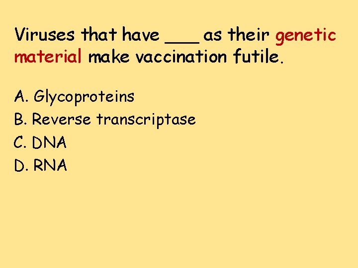 Viruses that have ___ as their genetic material make vaccination futile. A. Glycoproteins B.