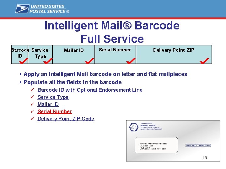 Intelligent Mail® Barcode Full Service Barcode Service ID Type Mailer ID Serial Number Delivery