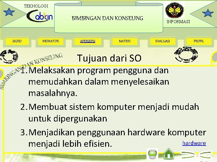 TEKNOLOGI BIMBINGAN DAN KONSELING SK/KD INDIKATOR APERSEPSI MATERI Tujuan dari SO INFORMASI EVALUASI PROFIL