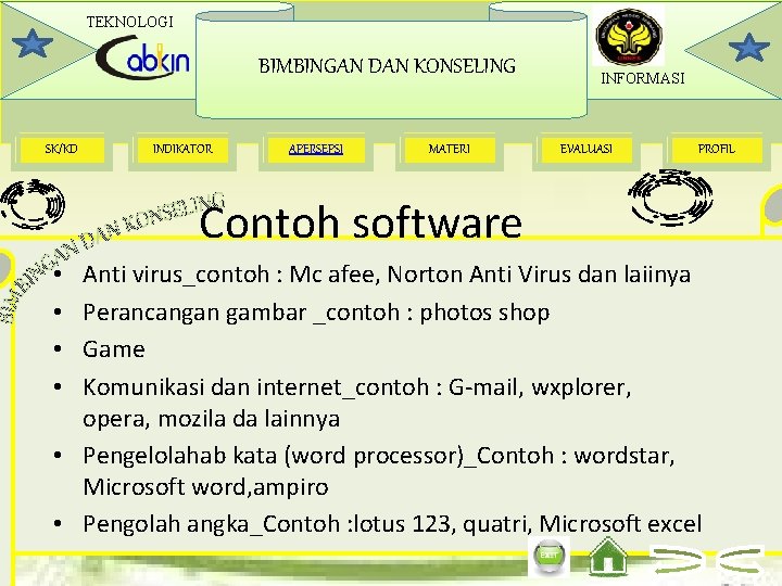 TEKNOLOGI BIMBINGAN DAN KONSELING SK/KD INDIKATOR APERSEPSI MATERI INFORMASI EVALUASI PROFIL Contoh software Anti