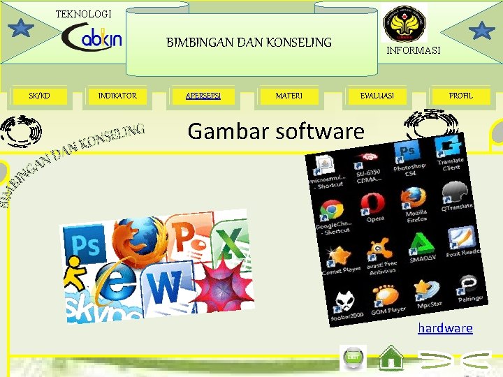 TEKNOLOGI BIMBINGAN DAN KONSELING SK/KD INDIKATOR APERSEPSI MATERI INFORMASI EVALUASI PROFIL Gambar software hardware