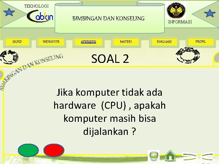 TEKNOLOGI BIMBINGAN DAN KONSELING SK/KD INDIKATOR APERSEPSI MATERI INFORMASI EVALUASI SOAL 2 Jika komputer