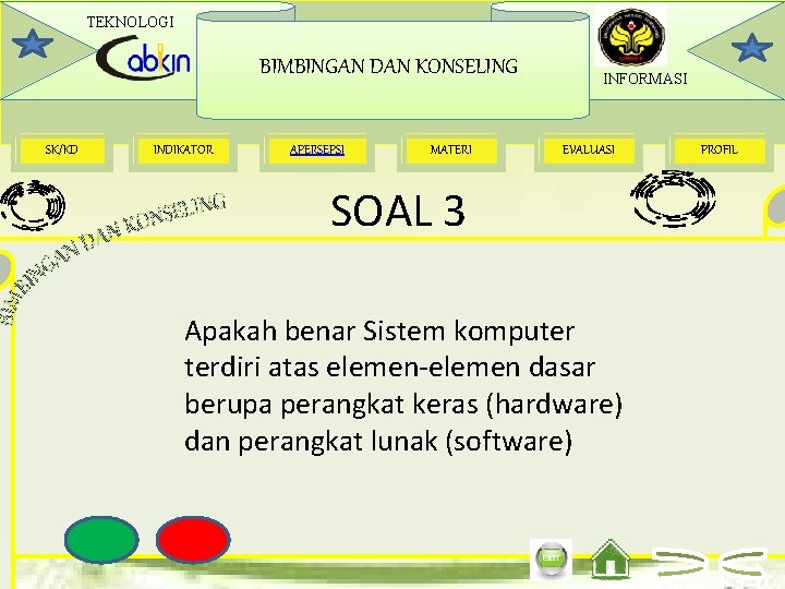 TEKNOLOGI BIMBINGAN DAN KONSELING SK/KD INDIKATOR APERSEPSI MATERI INFORMASI EVALUASI SOAL 3 Apakah benar