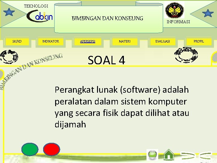 TEKNOLOGI BIMBINGAN DAN KONSELING SK/KD INDIKATOR APERSEPSI MATERI INFORMASI EVALUASI SOAL 4 Perangkat lunak