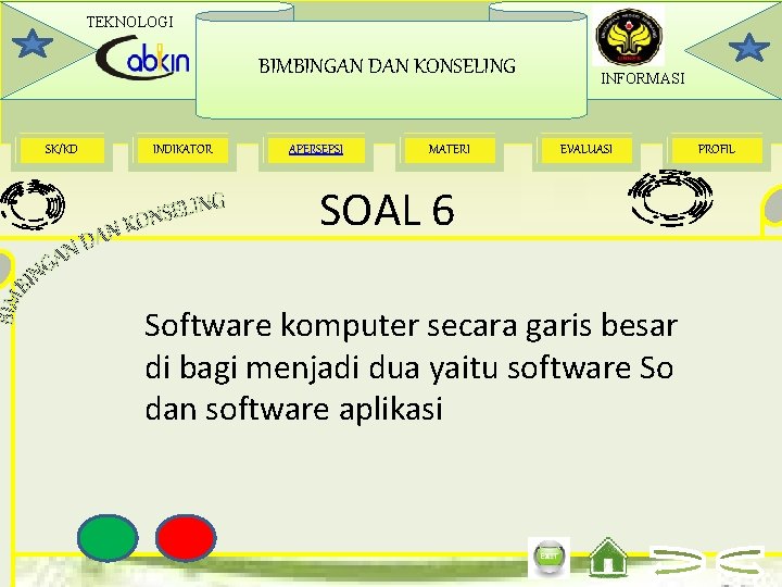 TEKNOLOGI BIMBINGAN DAN KONSELING SK/KD INDIKATOR APERSEPSI MATERI INFORMASI EVALUASI SOAL 6 Software komputer