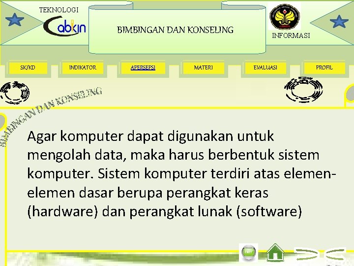 TEKNOLOGI BIMBINGAN DAN KONSELING SK/KD INDIKATOR APERSEPSI MATERI INFORMASI EVALUASI PROFIL Agar komputer dapat