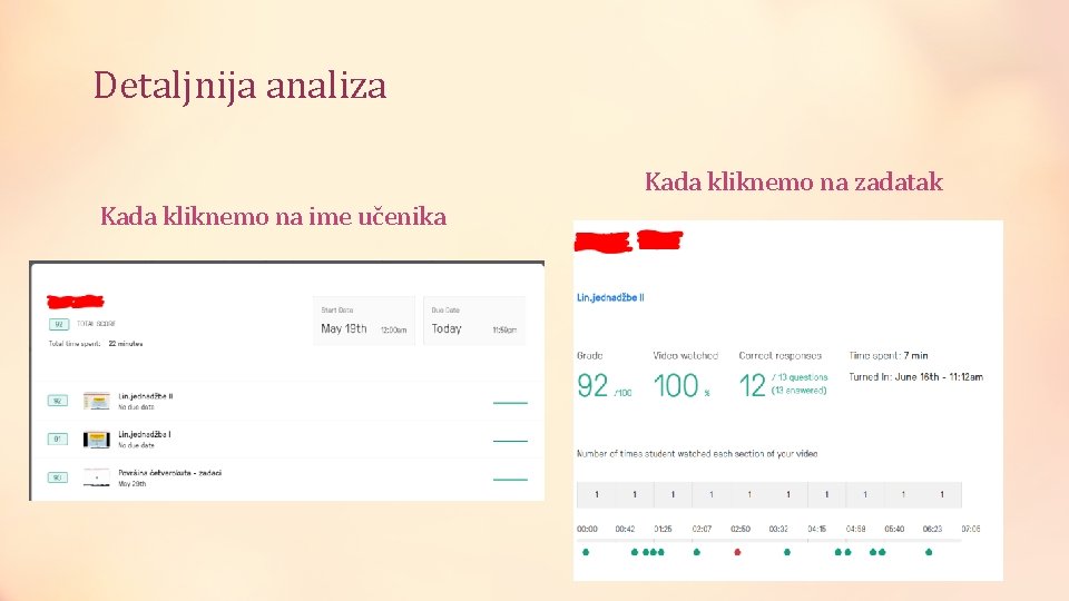 Detaljnija analiza Kada kliknemo na zadatak Kada kliknemo na ime učenika 