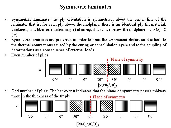 Symmetric laminates • • • Symmetric laminate: the ply orientation is symmetrical about the