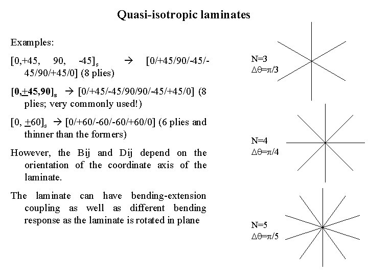 Quasi-isotropic laminates Examples: [0, +45, 90, -45]s 45/90/+45/0] (8 plies) [0/+45/90/-45/- N=3 = /3
