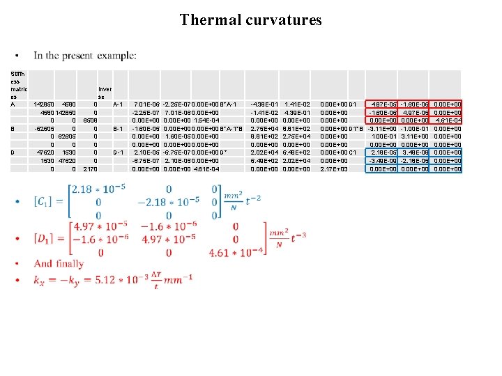 Thermal curvatures • Stiffn ess matric es A 142850 4580 142850 0 0 B