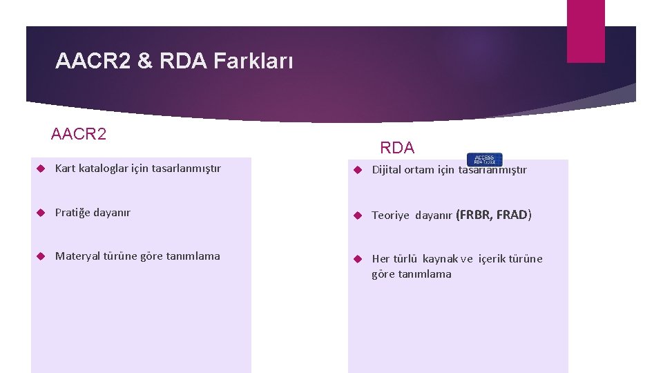 AACR 2 & RDA Farkları AACR 2 RDA Kart kataloglar için tasarlanmıştır Dijital ortam