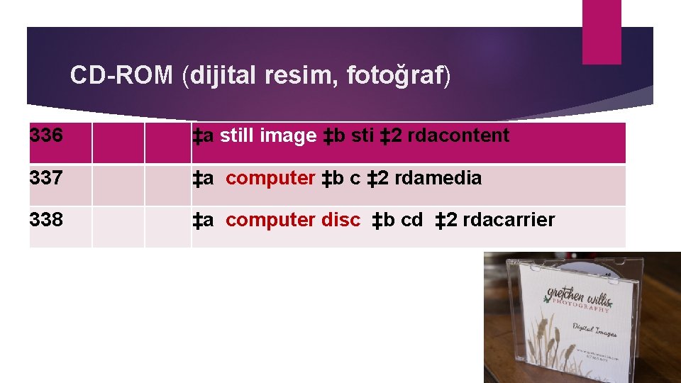 CD-ROM (dijital resim, fotoğraf) 336 ‡a still image ‡b sti ‡ 2 rdacontent 337