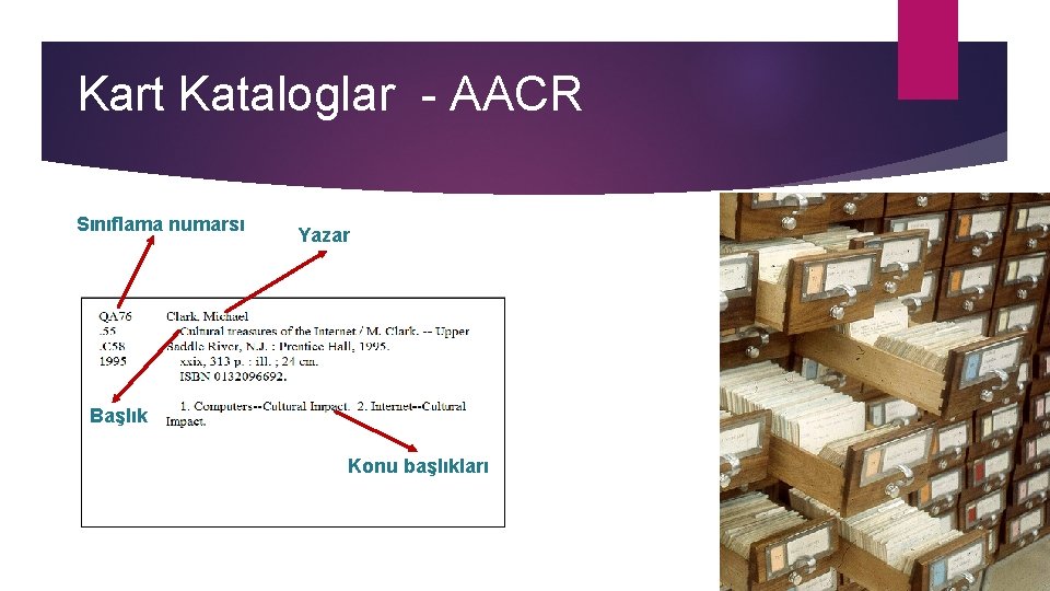 Kart Kataloglar - AACR Sınıflama numarsı Yazar Başlık Konu başlıkları 