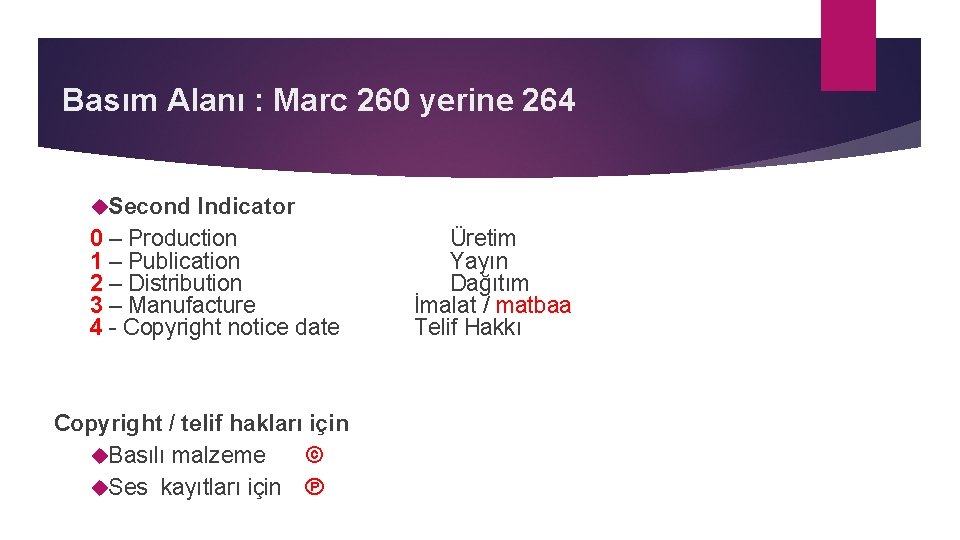 Basım Alanı : Marc 260 yerine 264 Second Indicator 0 – Production 1 –