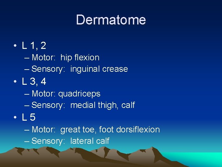 Dermatome • L 1, 2 – Motor: hip flexion – Sensory: inguinal crease •
