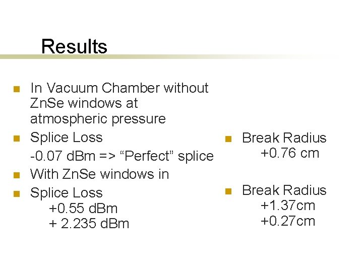 Results n n In Vacuum Chamber without Zn. Se windows at atmospheric pressure Splice