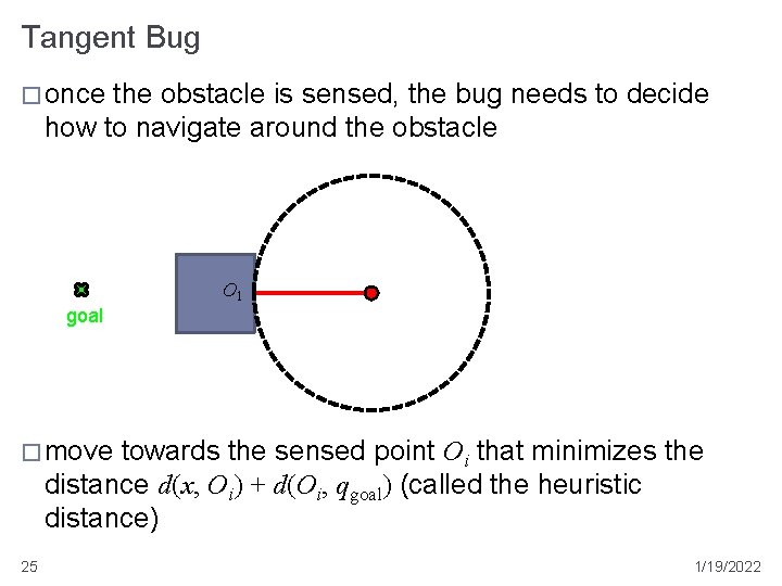 Tangent Bug � once the obstacle is sensed, the bug needs to decide how