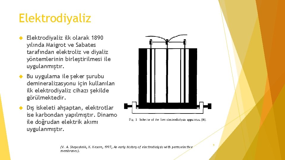 Elektrodiyaliz ilk olarak 1890 yılında Maigrot ve Sabates tarafından elektroliz ve diyaliz yöntemlerinin birleştirilmesi