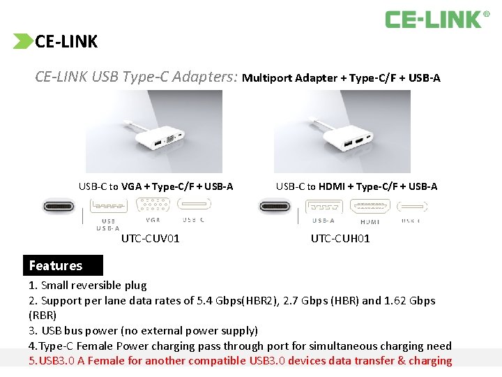 CE‐LINK CE-LINK USB Type-C Adapters: Multiport Adapter + Type‐C/F + USB‐A USB-C to VGA