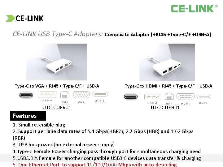CE‐LINK CE-LINK USB Type-C Adapters: Composite Adapter (+RJ 45 +Type‐C/F +USB‐A) Type-C to VGA