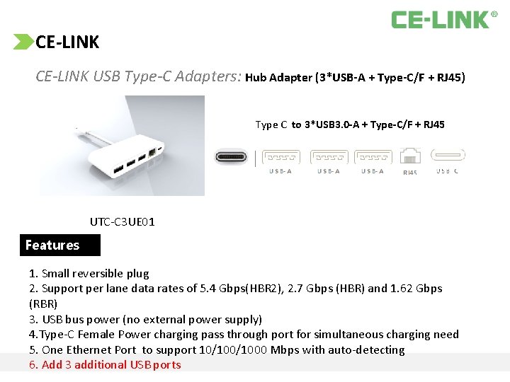 CE‐LINK CE-LINK USB Type-C Adapters: Hub Adapter (3*USB‐A + Type‐C/F + RJ 45) Type