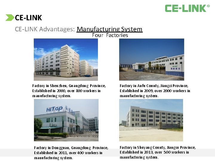 CE‐LINK CE-LINK Advantages: Manufacturing System Four Factories Factory in Shenzhen, Guangdong Province, Established in